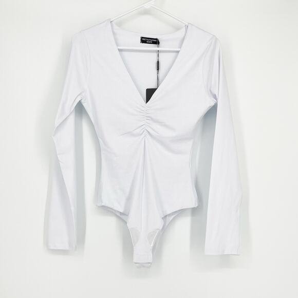 Pretty Little Thing Basic Shape Jersey Ruched Body Suit in White Size 10 - Picture 3 of 6